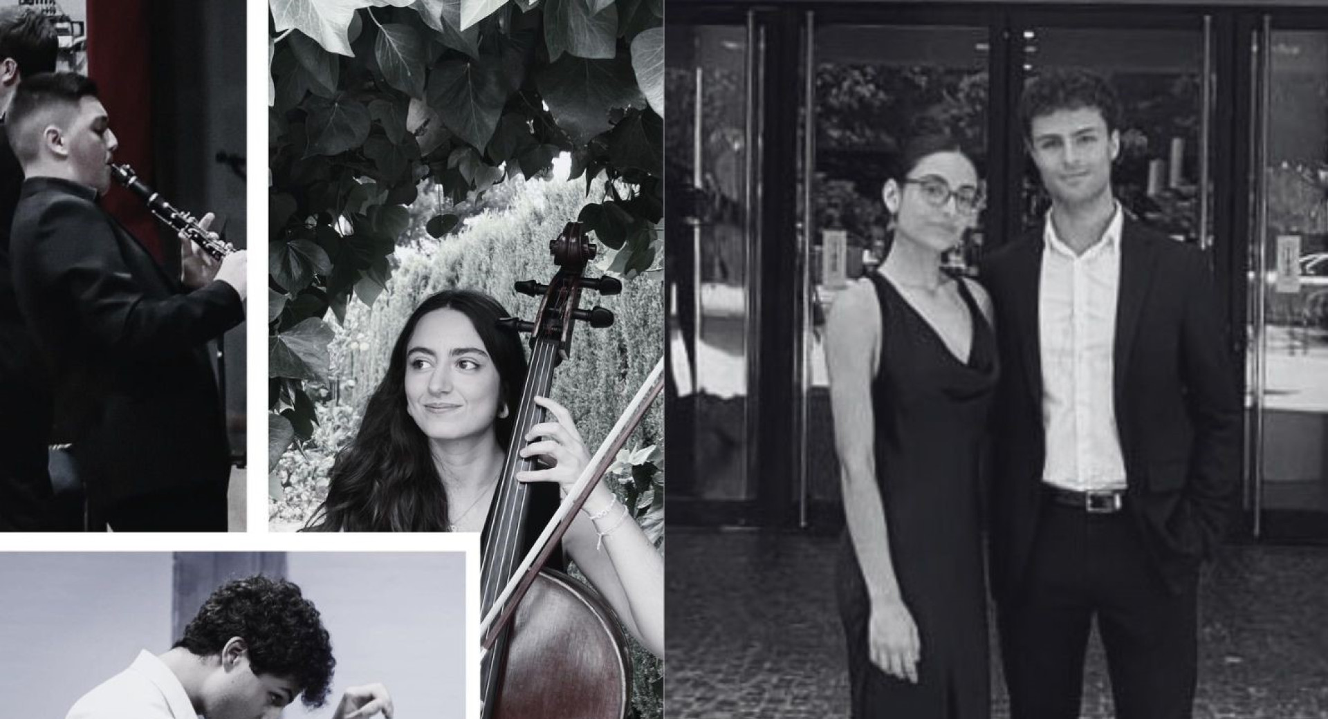 Kolaz crno-belih fotografij razlicnih glasbenikov z njihovimi instrumenti.