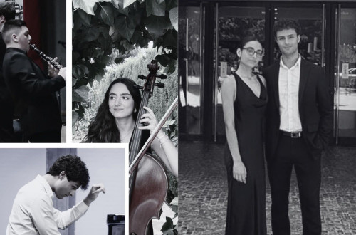 Kolaz crno-belih fotografij razlicnih glasbenikov z njihovimi instrumenti.