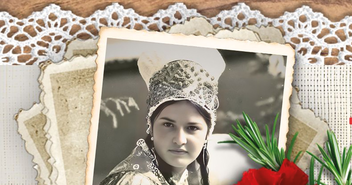 Black-and-white portrait of a girl in traditional costume.