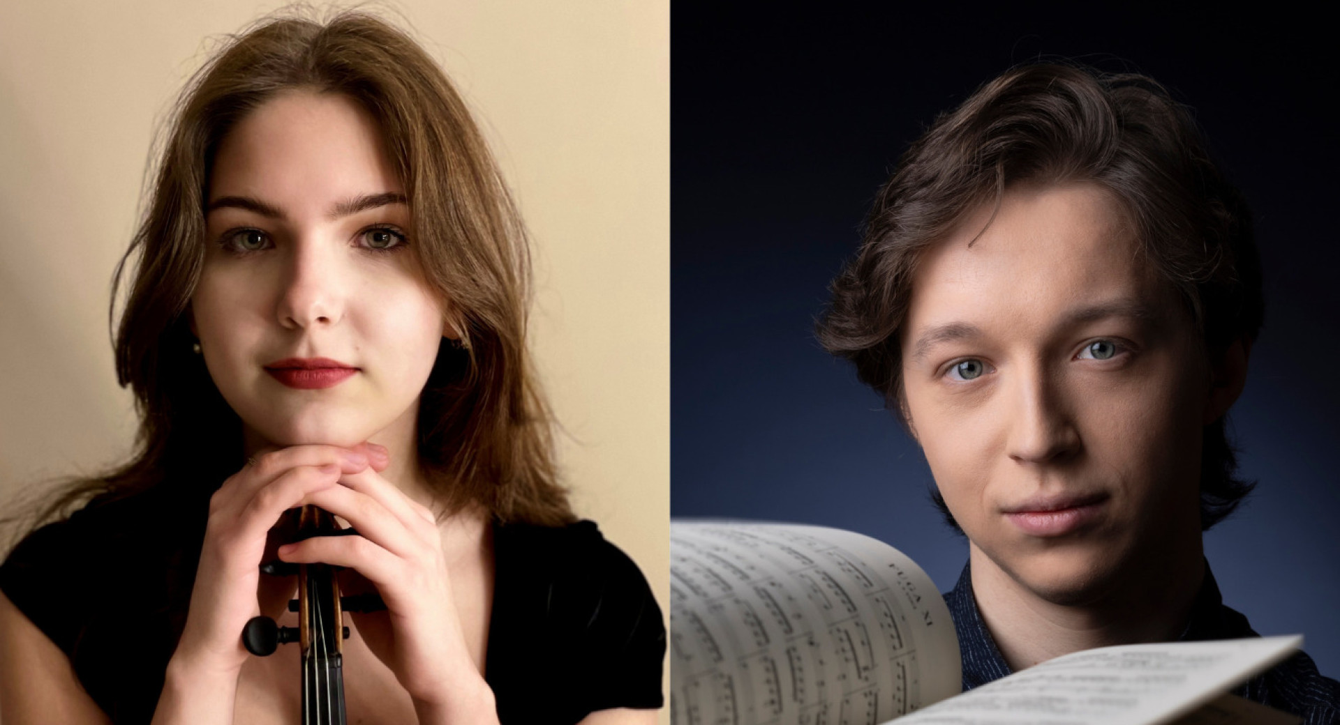 Portret zenske z violino na levi in moskega s knjigo not na desni.