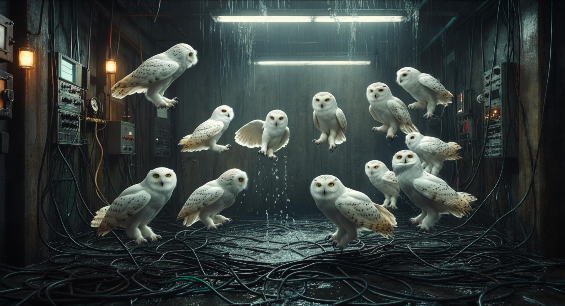 Twelve white owls are in a flooded room filled with electronic equipment and cables.