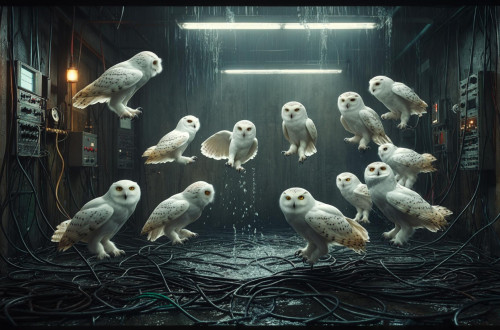 Twelve white owls are in a flooded room filled with electronic equipment and cables.
