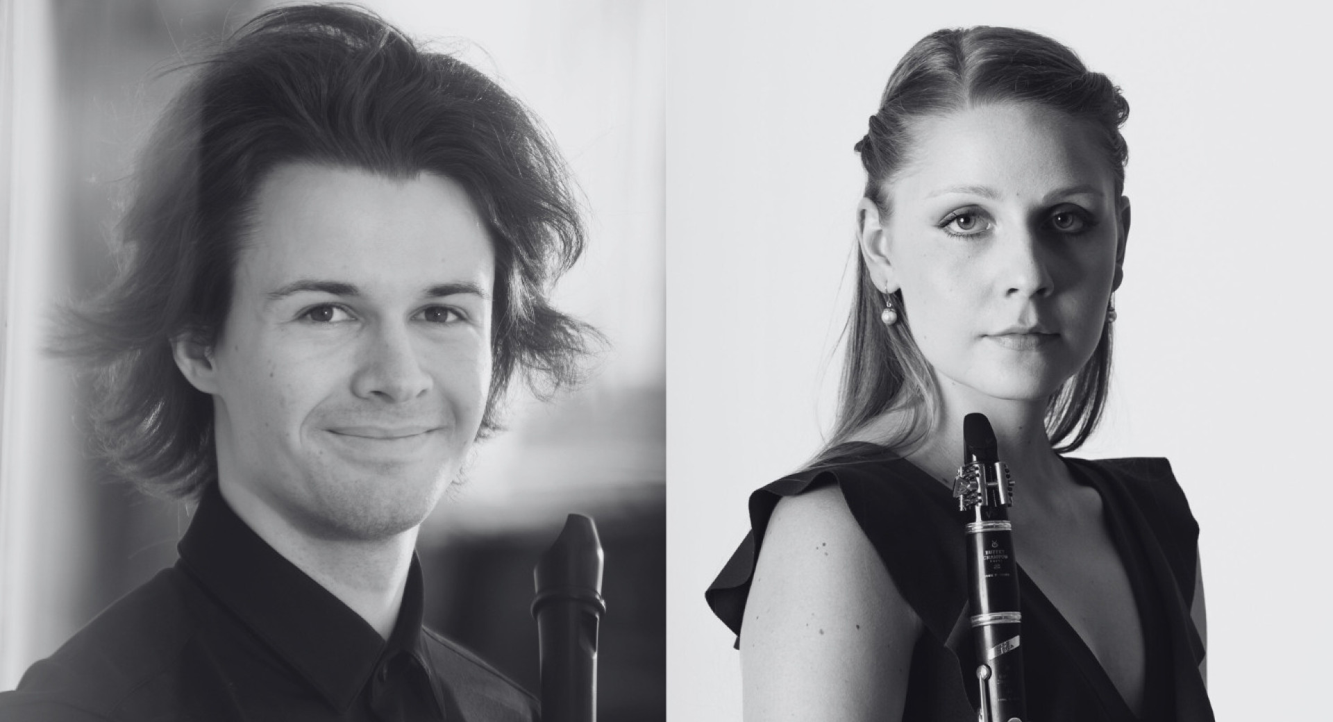 Portret moskega s kljunasto flavto na levi in zenske s klarinetom na desni.