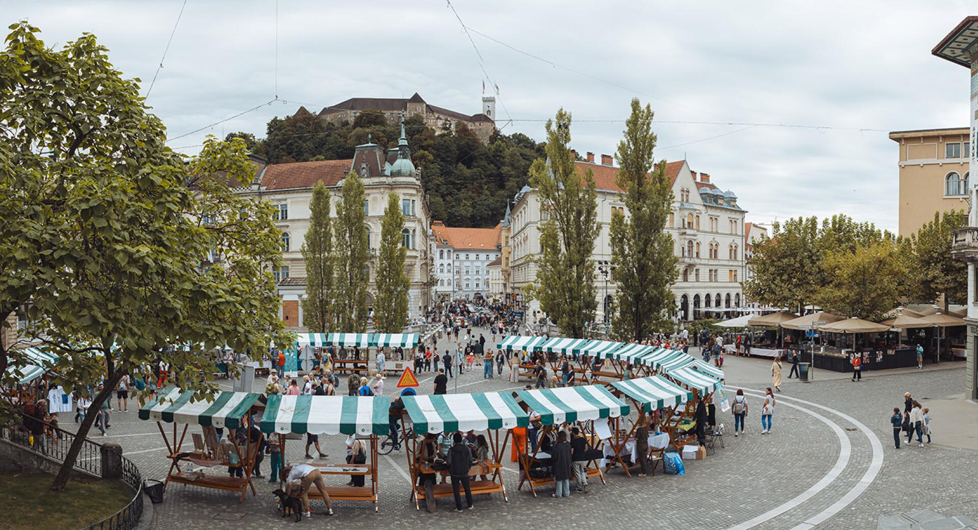 Na glavnem trgu so v krogu postavljene stojnice z zeleno-belimi strehami, okoli katerih se zbirajo obiskovalci, v ozadju pa se dviga Ljubljanski grad.