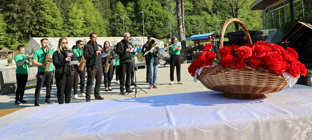 Kosara rdecega cvetja v ospredju, godba v ozadju.