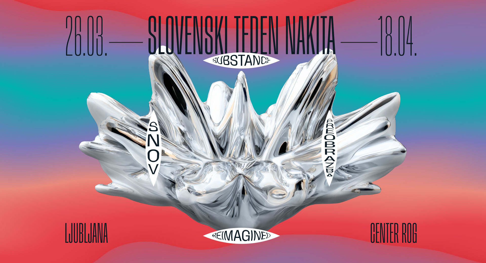 Sijoca srebrna abstraktna skulptura na pisanem prelivajocem ozadju.