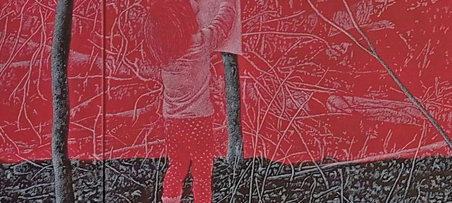 A red and grey photograph of a girl reaching toward a tree.