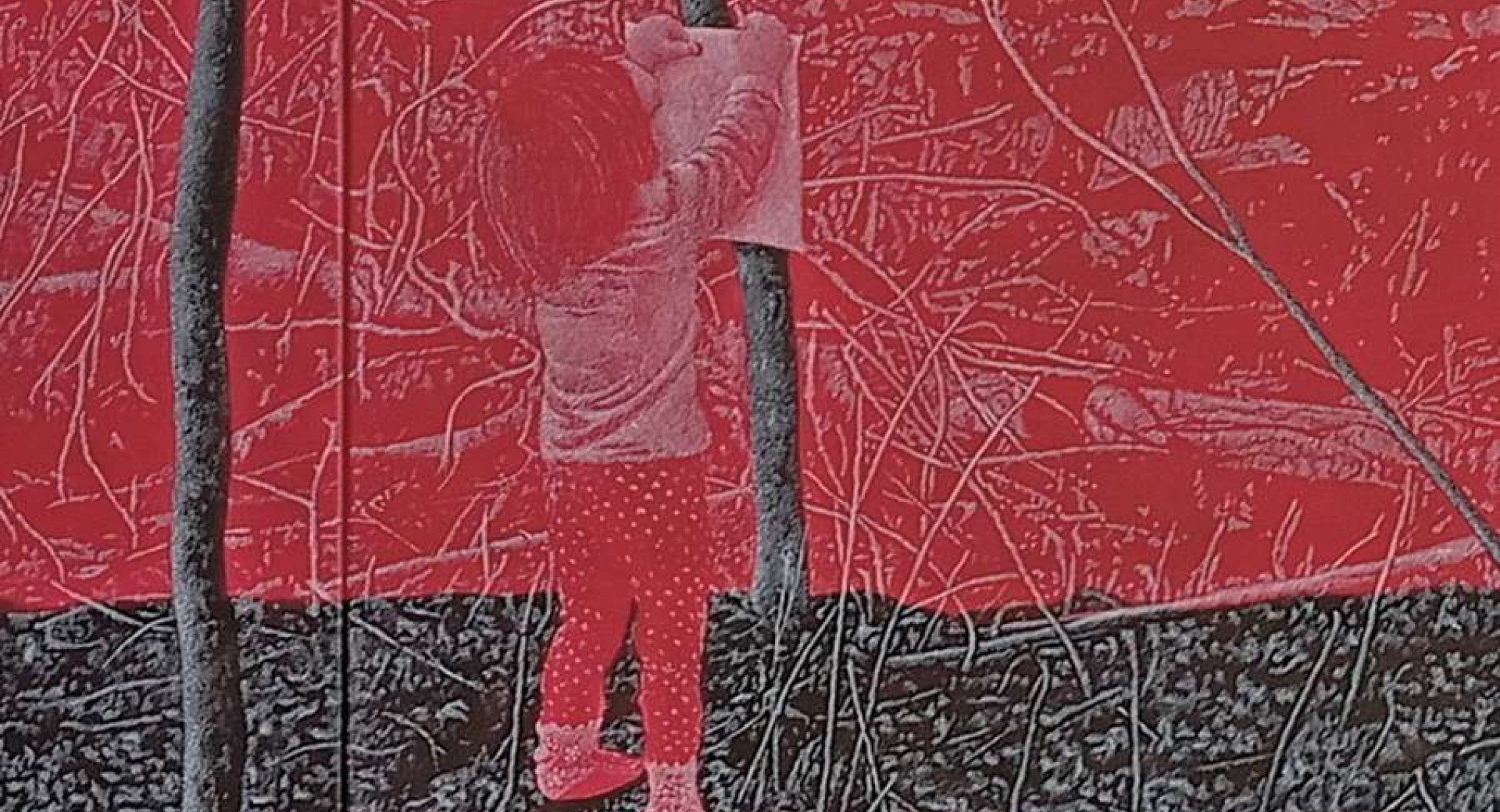 A red and grey photograph of a girl reaching toward a tree.