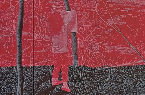 A red and grey photograph of a girl reaching toward a tree.