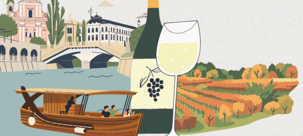 An illustration depicting a river scene in a city on the left, with historic buildings and a bridge, and a boat carrying people. On the right, there is an autumn vineyard scene. A large bottle of white wine with a bunch of grapes on the label and a glass 