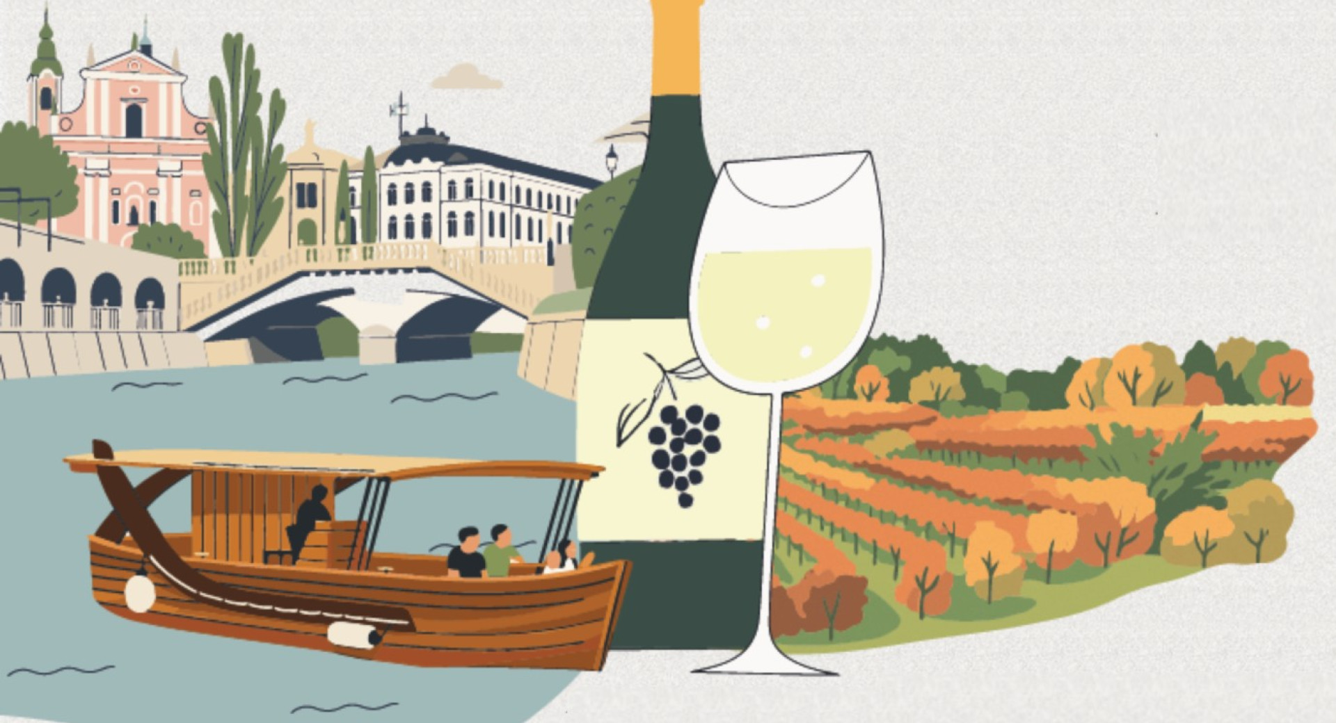 An illustration depicting a river scene in a city on the left, with historic buildings and a bridge, and a boat carrying people. On the right, there is an autumn vineyard scene. A large bottle of white wine with a bunch of grapes on the label and a glass 