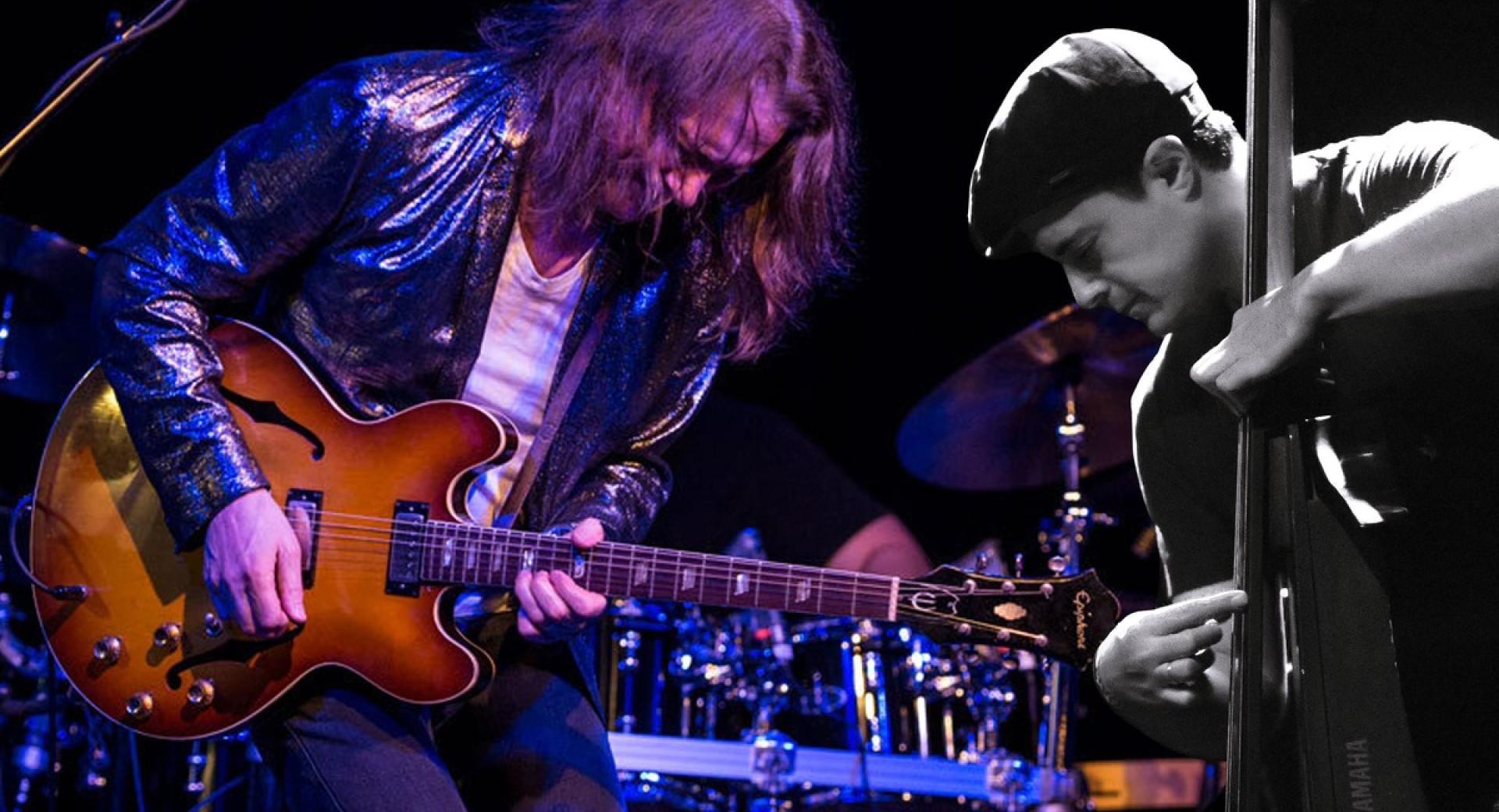 On the left, a guitarist in a colour photograph; on the right, a bassist in black and white.