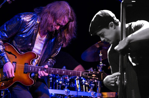 On the left, a guitarist in a colour photograph; on the right, a bassist in black and white.