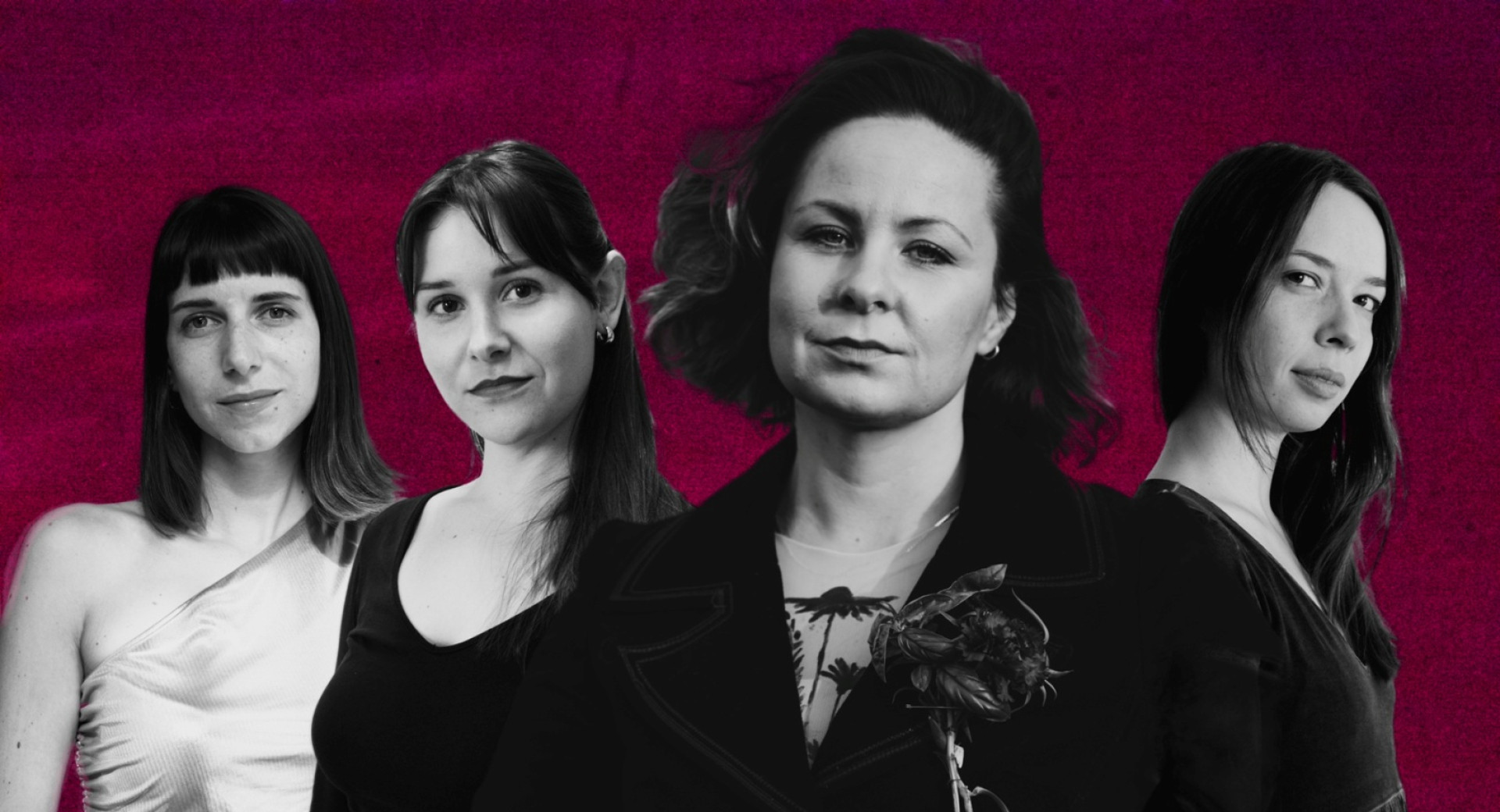 Four women posing against a magenta background.