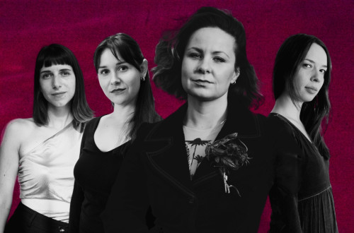 Four women posing against a magenta background.