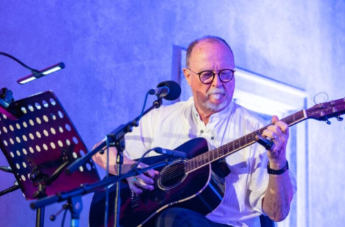 The performer on stage is playing the guitar.