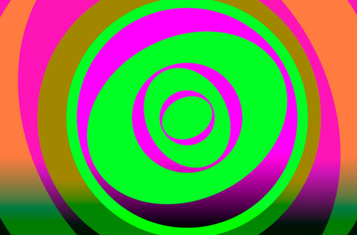 Graphic in circular shapes in fluorescent green and magenta colors.