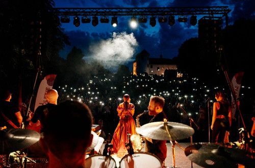 In a nighttime setting, the singer and the band are on stage from behind, with the audience in front holding small lights in their hands.