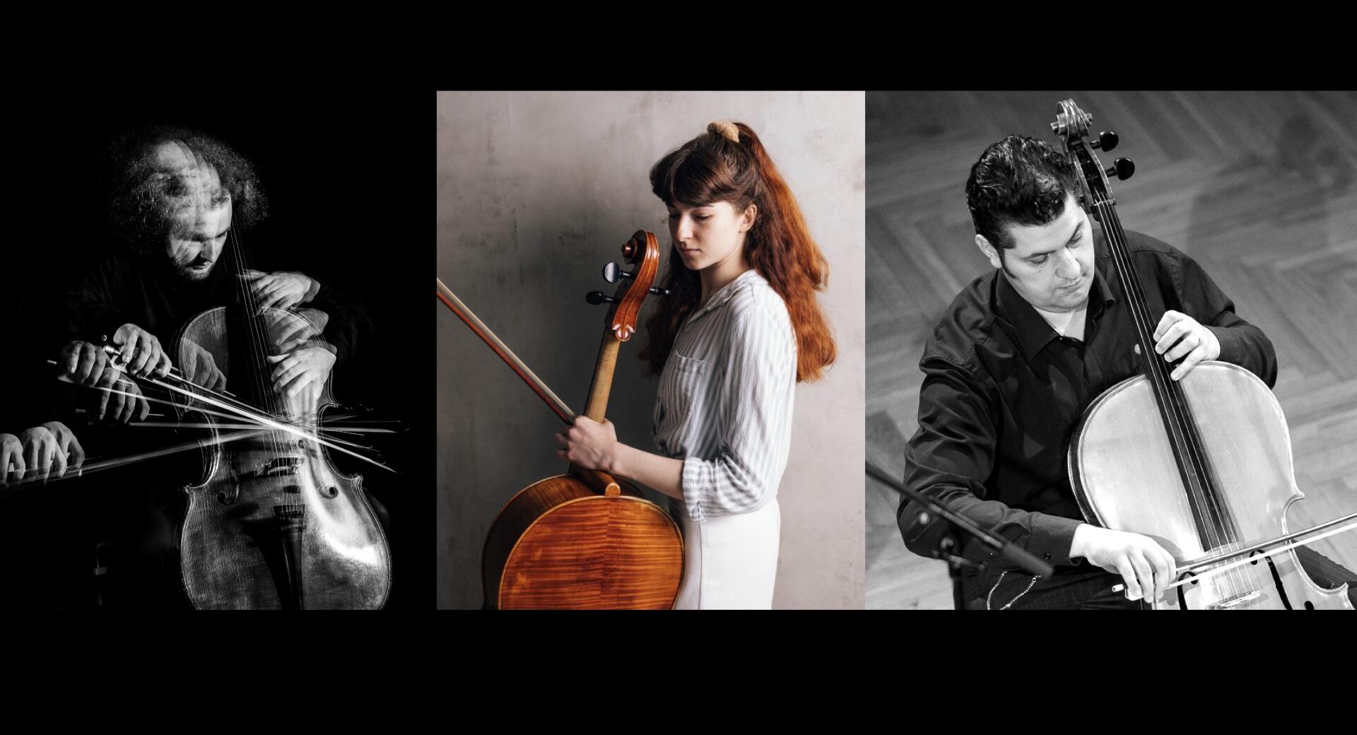 Kolaž treh glasbenikov, ki držijo violončelo.