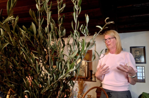 Plavolasa zenska z ocali v roznatem puloverju stoji poleg zelenja in nekaj razlaga.