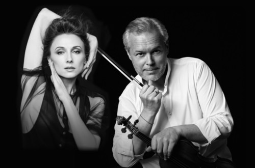 Portret zenske v plesni pozi in violinista.
