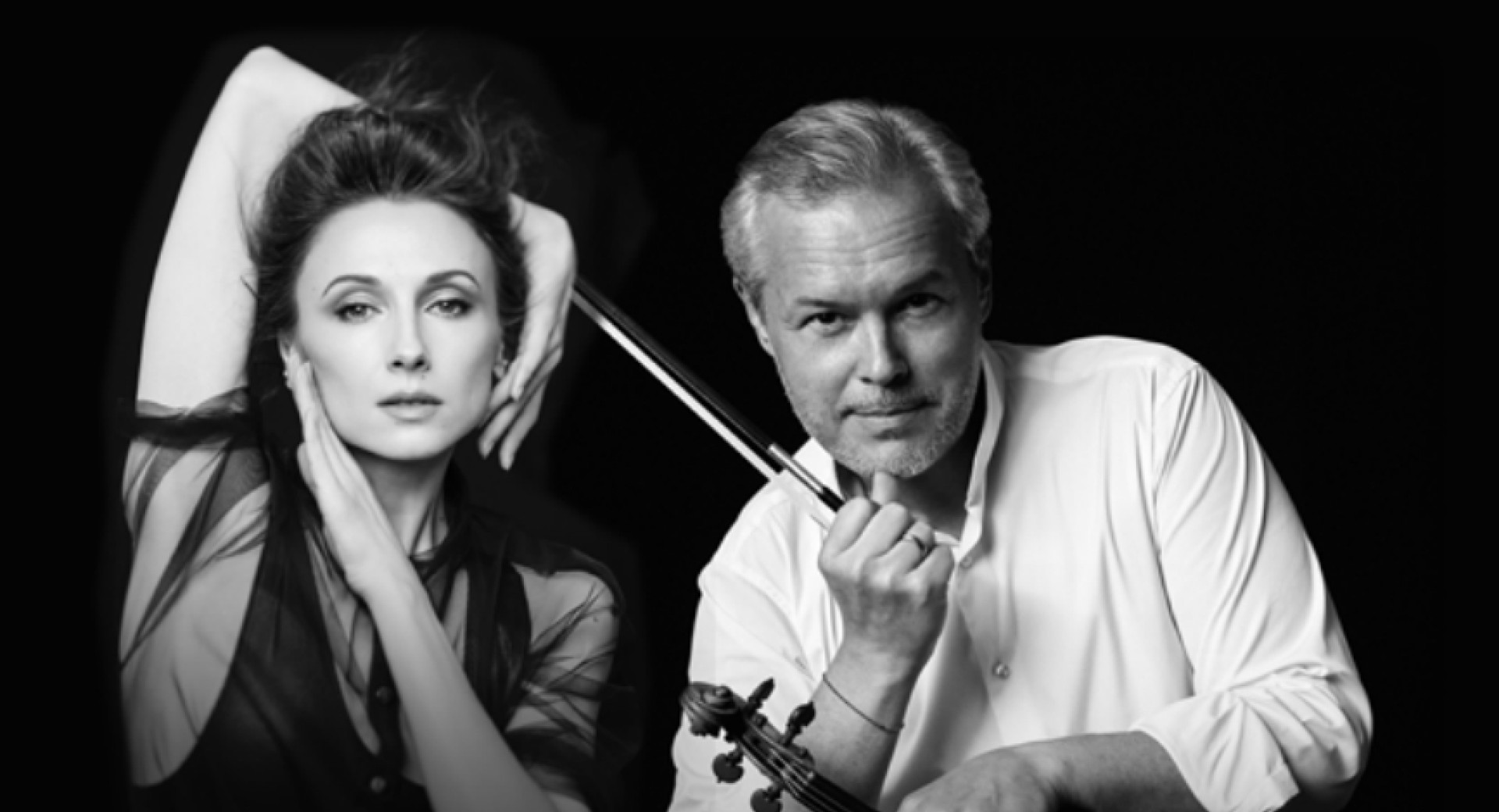 A portrait of a woman in a dance pose and a violinist.