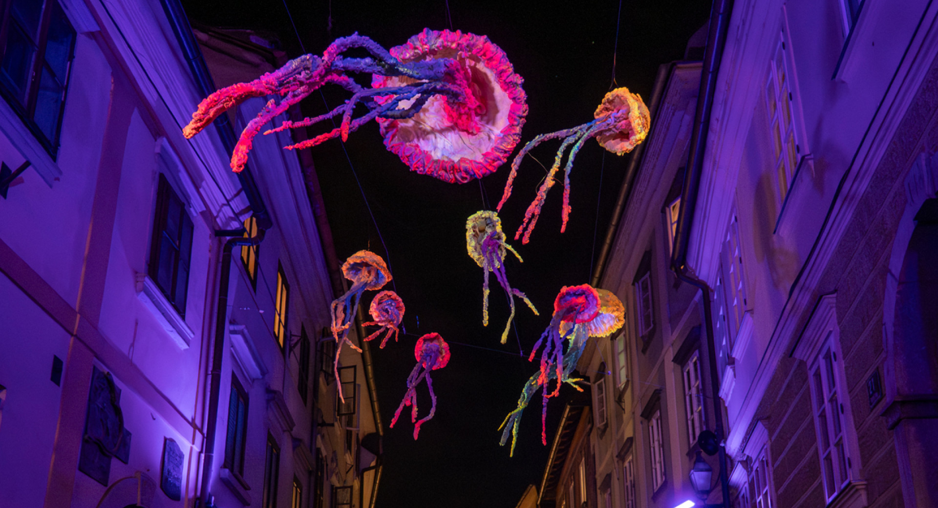 Umetniske instalacije v obliki meduz nad mestom ponoci.