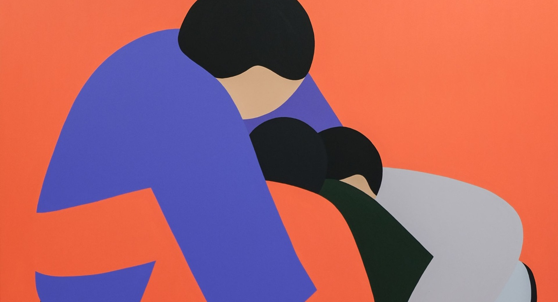 Abstraktna ilustracija dveh oseb v objemu, narisanih z enostavnimi barvnimi ploskvami na oranznem ozadju.