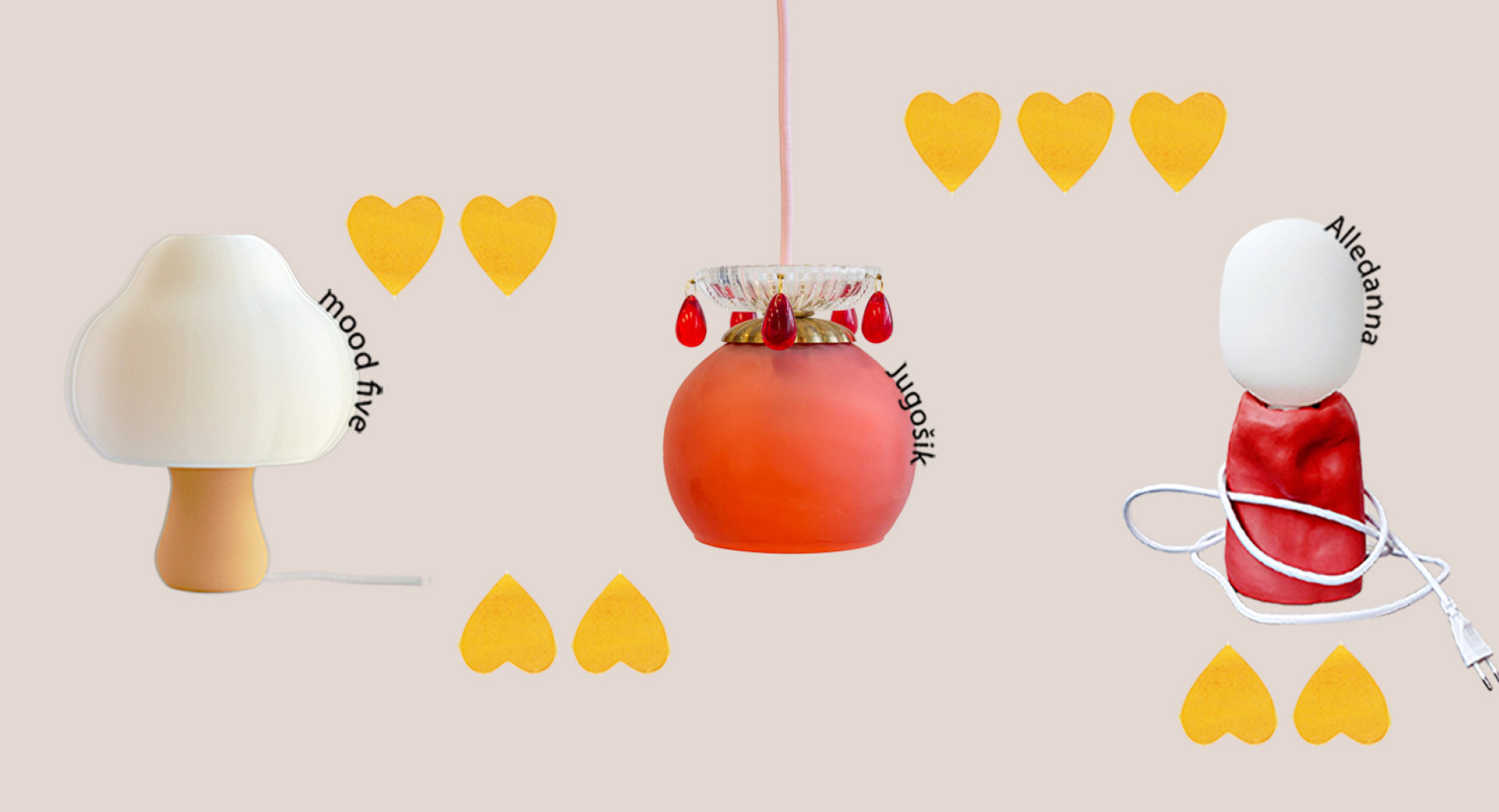 Three different table lamps on a white base, surrounded by yellow hearts.