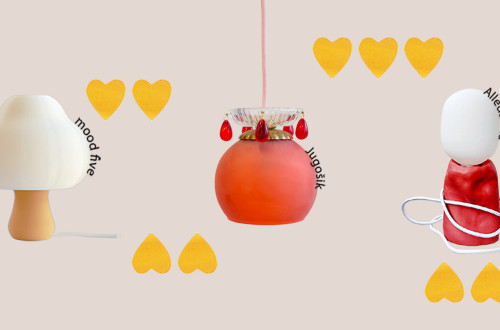 Three different table lamps on a white base, surrounded by yellow hearts.