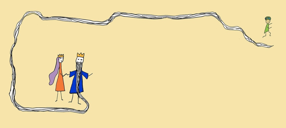 Ilustracija zenske in moskega z dolgo brado, ki se vije po celotni grafiki.