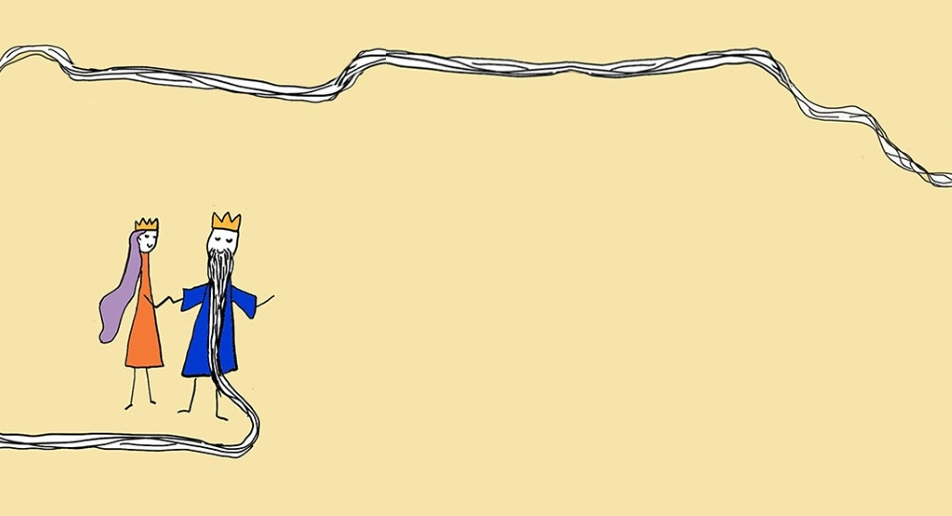 Ilustracija zenske in moskega z dolgo brado, ki se vije po celotni grafiki.