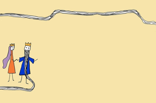 Ilustracija zenske in moskega z dolgo brado, ki se vije po celotni grafiki.