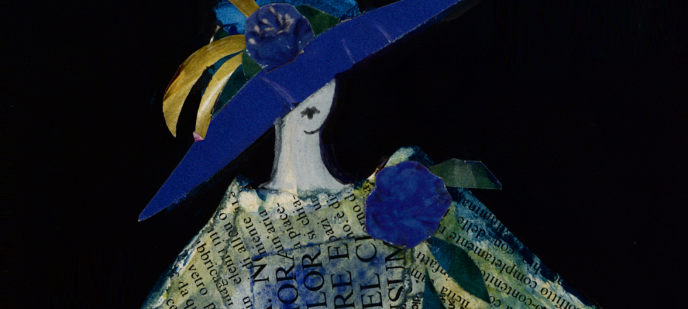 Costume sketch of a woman in a newspaper dress with a blue hat.