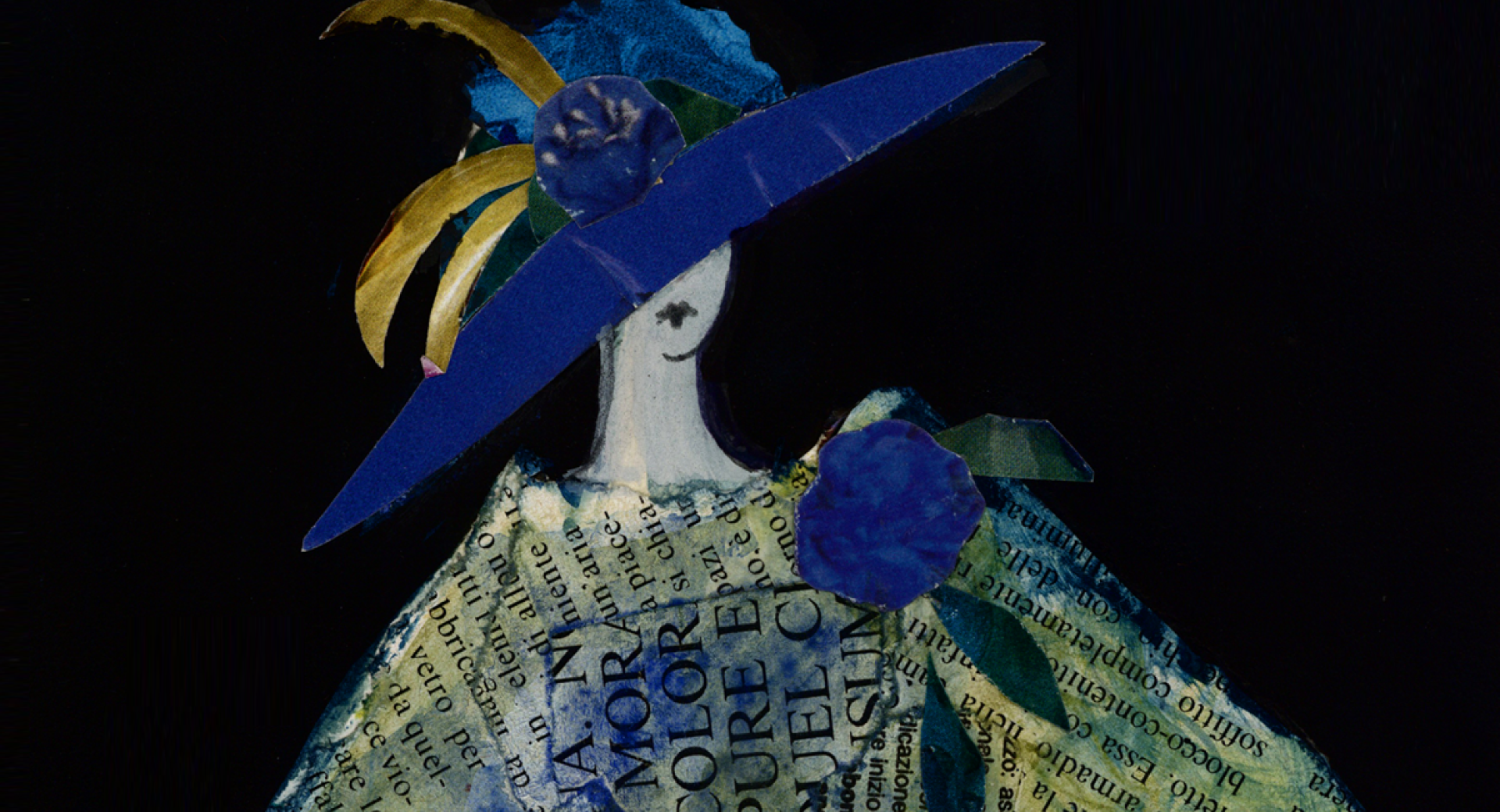 Costume sketch of a woman in a newspaper dress with a blue hat.