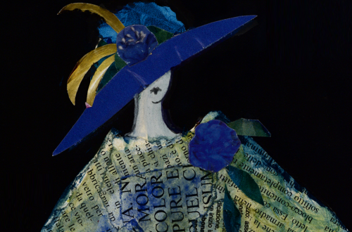 Kostumska skica zenske v obleki z modrim klobuckom.