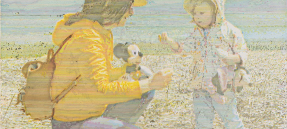 A woman and a child with a landscape in the background.