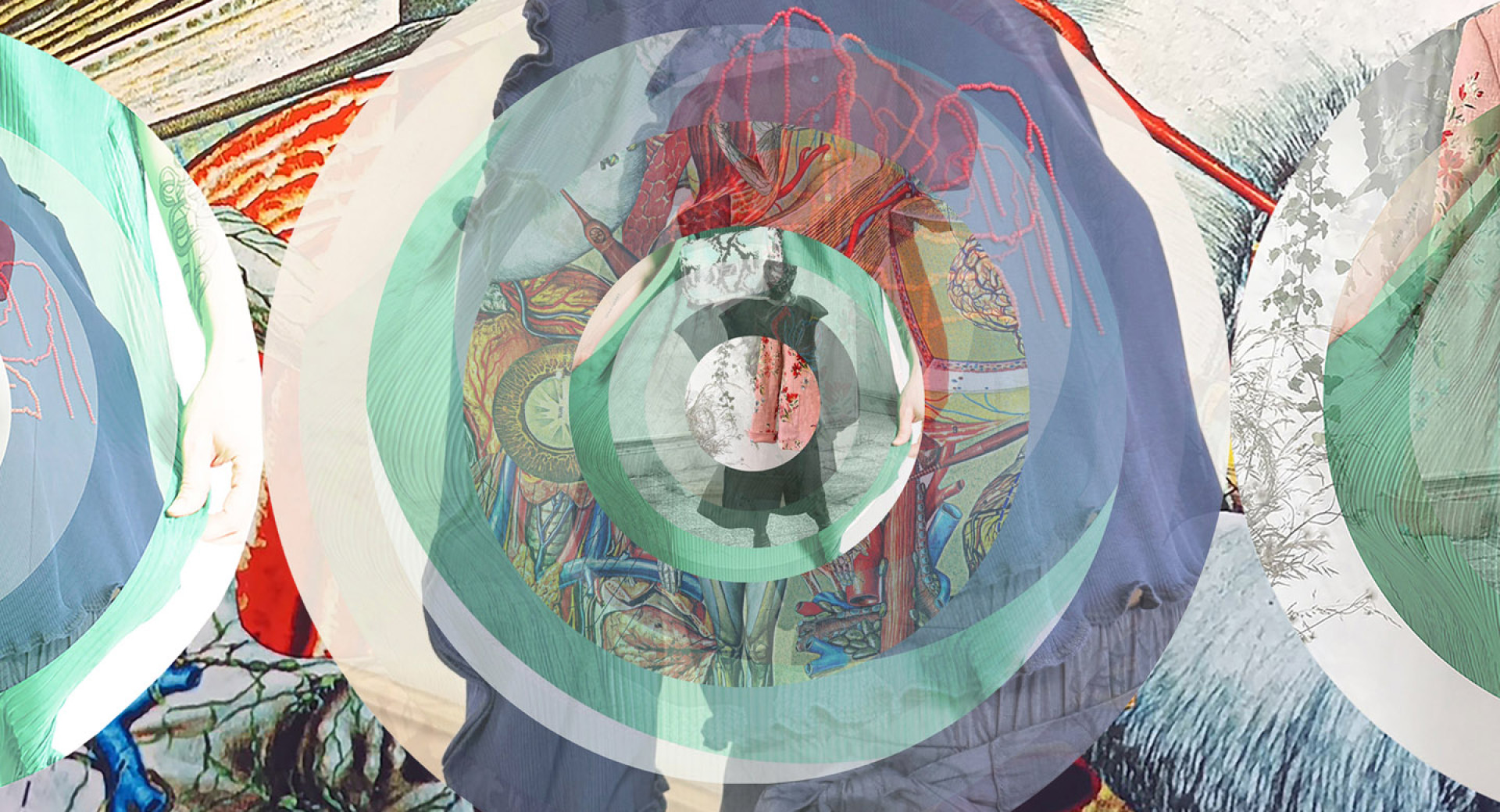 Kompleksen abstrakten kolaž s koncentričnimi krogi, ki plastijo različne slike.