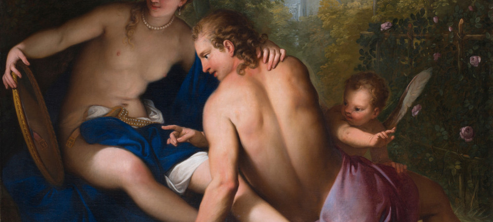 Slika moskega in zenske, golih nad pasom. 