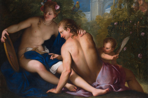 Slika moskega in zenske, golih nad pasom. 