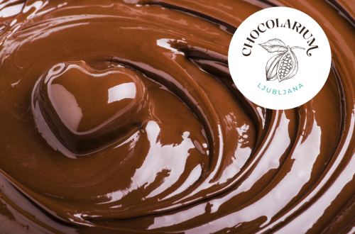Chocolate bonbon dipped in melted chocolate. Logo featuring "Chocolarium Ljubljana" with an illustrated cacao fruit.