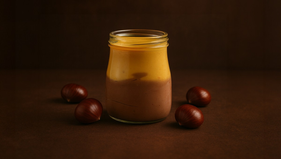 Orange and brown dessert in a glass on a brown surface.