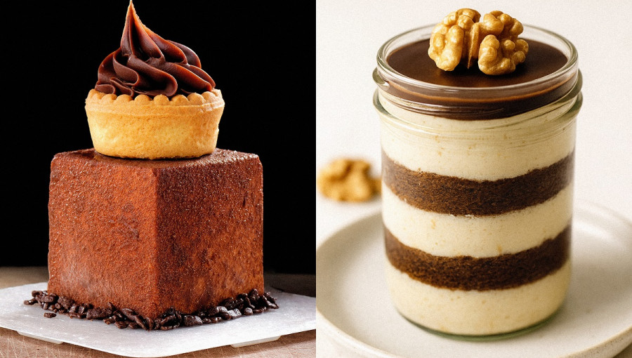 Two desserts on a photograph, one positioned left and the other right.