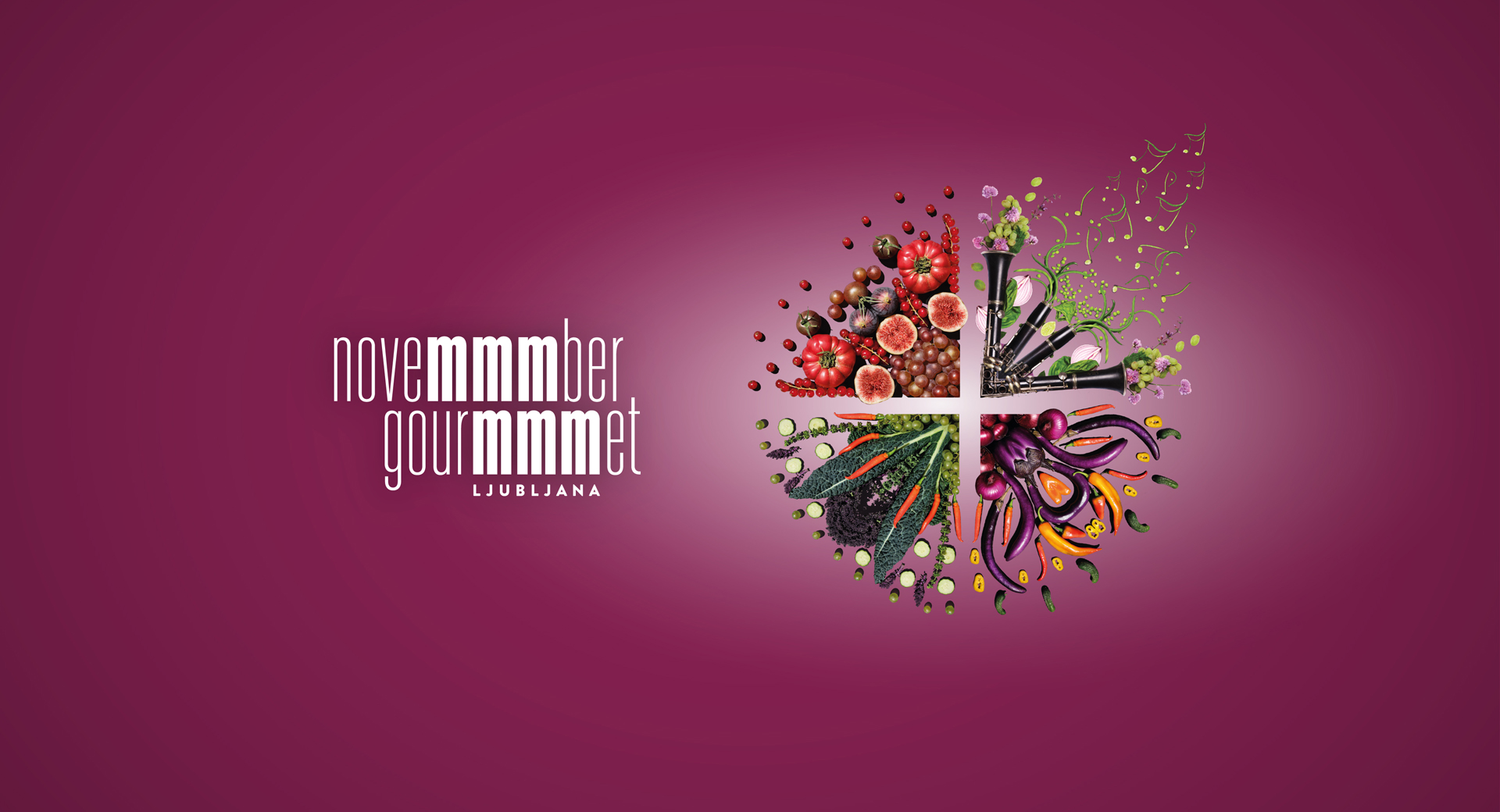 A vibrant design with the text 'November Gourmet Ljubljana' on a purple background, featuring a circular arrangement of fruits, vegetables, and musical instruments.