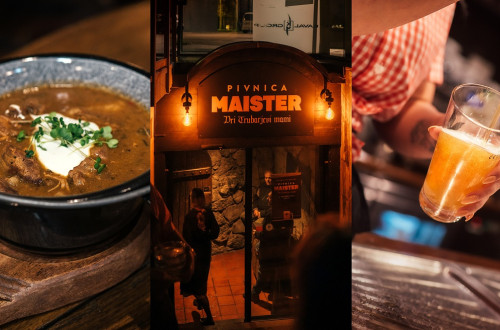 A collage of photos: beer, stew, and the entrance to the venue.