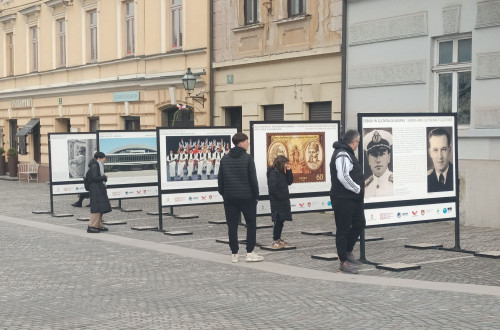 Obiskovalci si ogledujejo razstavne panoje na prostem na Gallusovem nabrezju med zgodovinskimi stavbami.