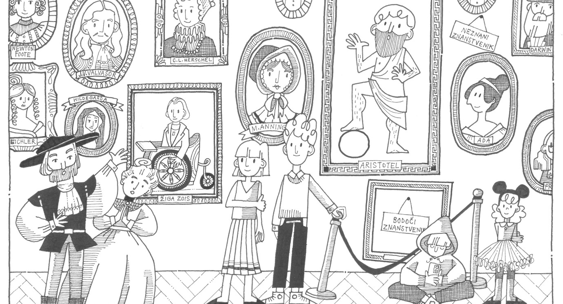 Crtna ilustracija umetniskih del in ljudi v galeriji.