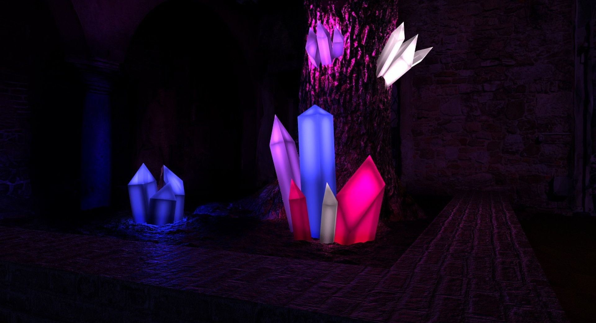 Black background with pink, purple and blue crystals.