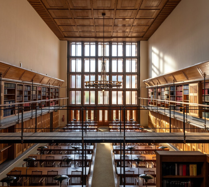 View from above on a big old library with large windows. 