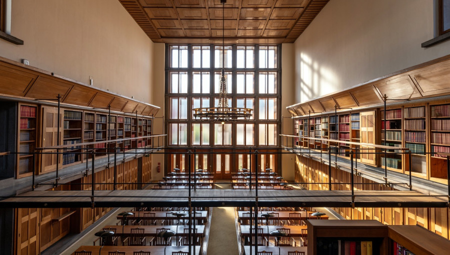 View from above on a big old library with large windows. 